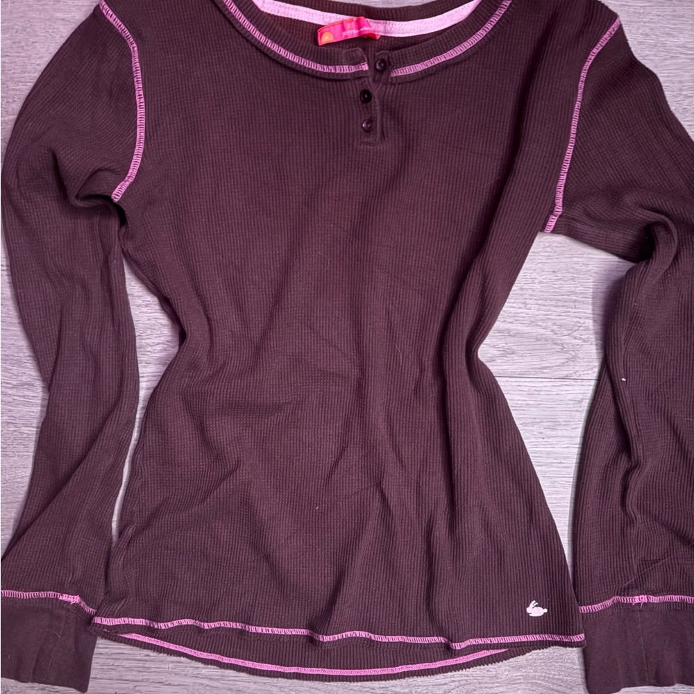 Jenni by Jennifer Moore Brown Long Sleeve Henley with Pink Trim